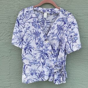 H&M Sz M 100% Linen Floral Wrap Top